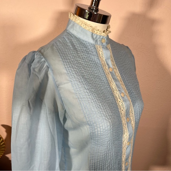 Vintage 60 70 MCM MOD Victorian Blue Lace High Collar Puff Sleeve Tuxedo Blouse - Picture 1 of 16